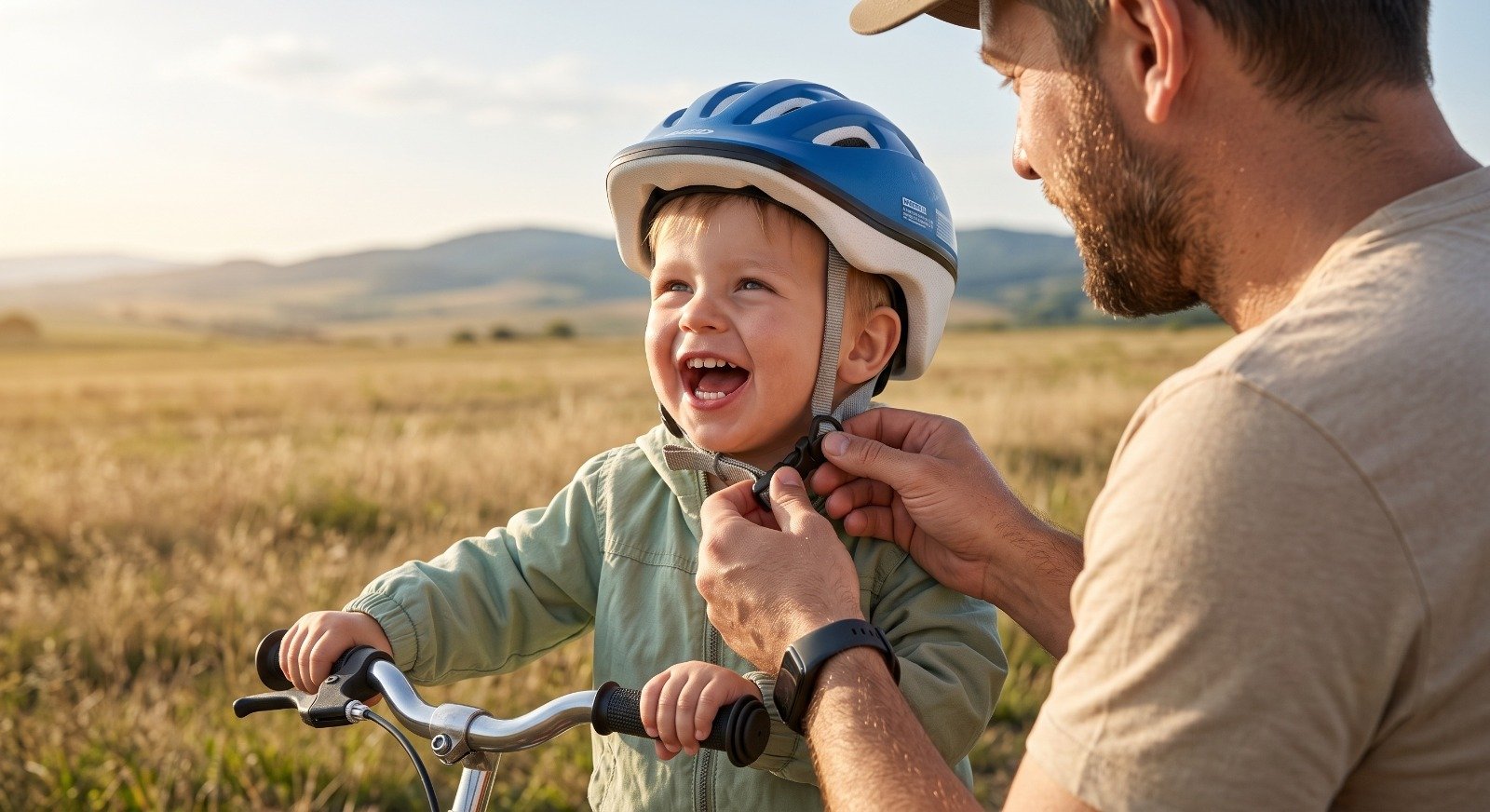 A father fastening a cycle helmet on his laughing young son